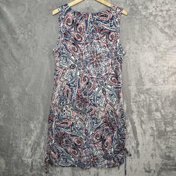 T by Talbots Dress Womens Large Blue Paisley Sleeveless Ruched Side Drawstring - Picture 2 of 7